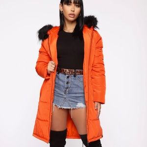 LONG ORANGE FASHION NOVA FUR HOOD PUFFER COAT